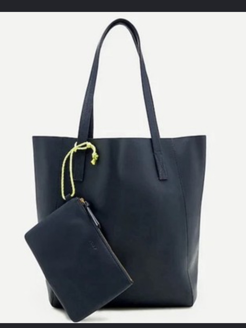 J. Crew Navy Leather Tote with Neon Yellow Accent